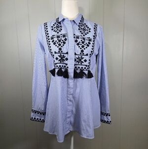 Zara Women Oxford Blue White Stripe Button Embroidery With Tassels Top Size S
